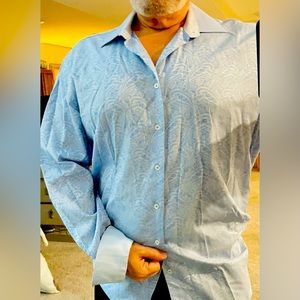 BUGATCHI Great light blue with white!! It wears a little bigger than a XXL!